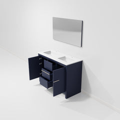 Navy Blue Double Bath Vanity 48 in. W x 20 in. D, White Quartz Top and 43 in. Mirror