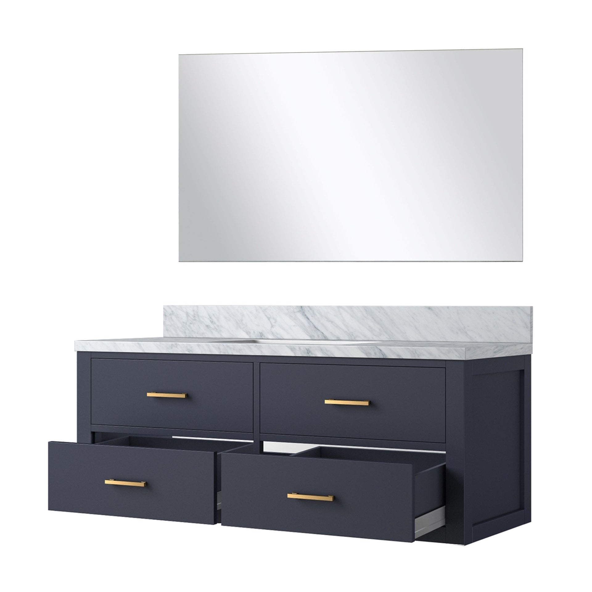 Blue Single Bath Vanity 48 in. W x 22 in. D, Carrara Marble Countertop and 43 in. Mirror