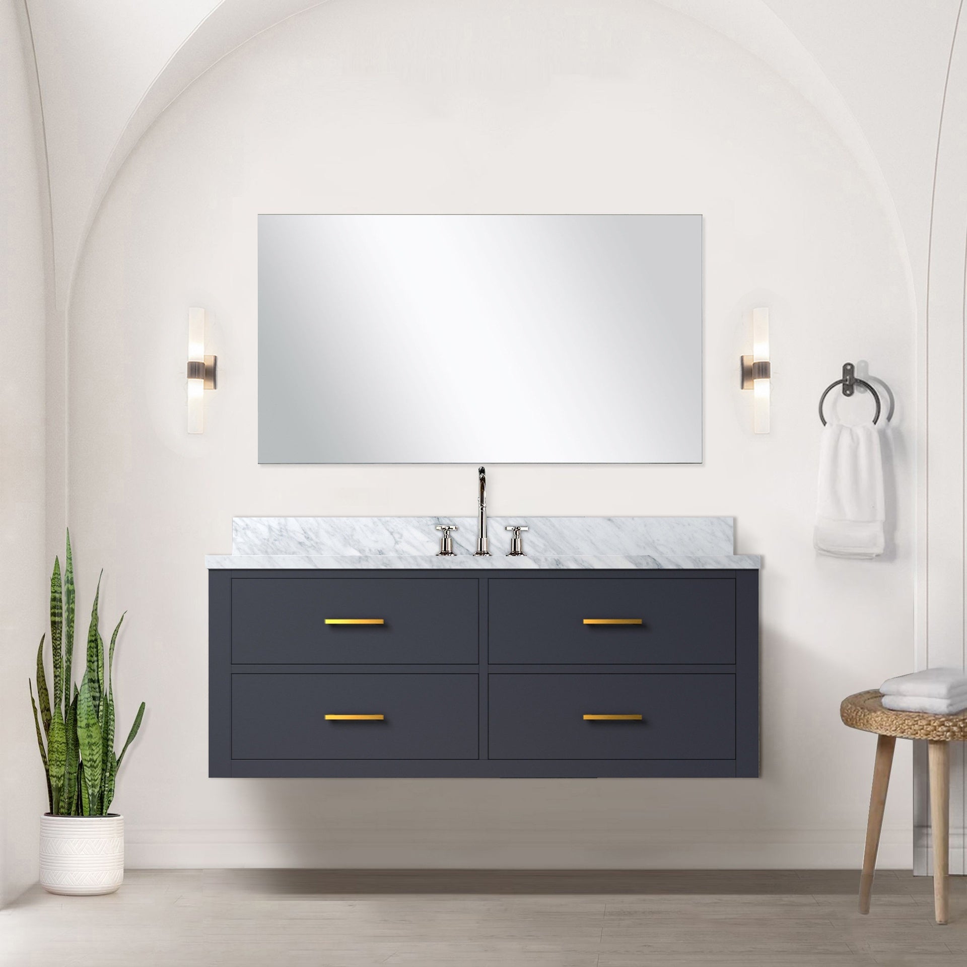 Blue Single Bath Vanity 48 in. W x 22 in. D, Carrara Marble Countertop and 43 in. Mirror