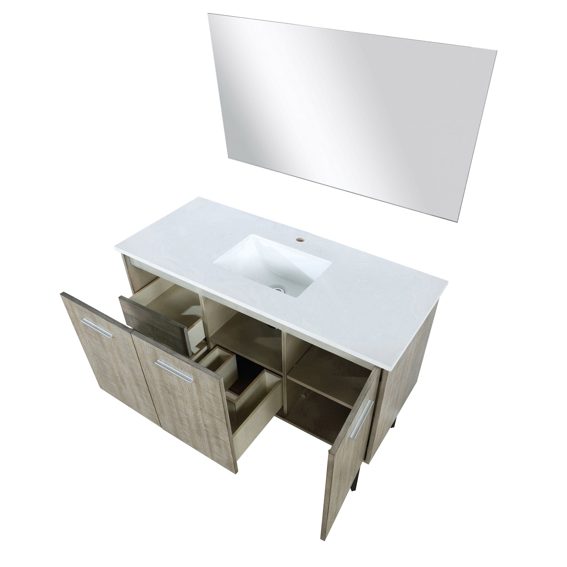 Rustic Acacia Bath Vanity 48 in. W x 20 in. D, White Quartz Top and 43 in. Mirror
