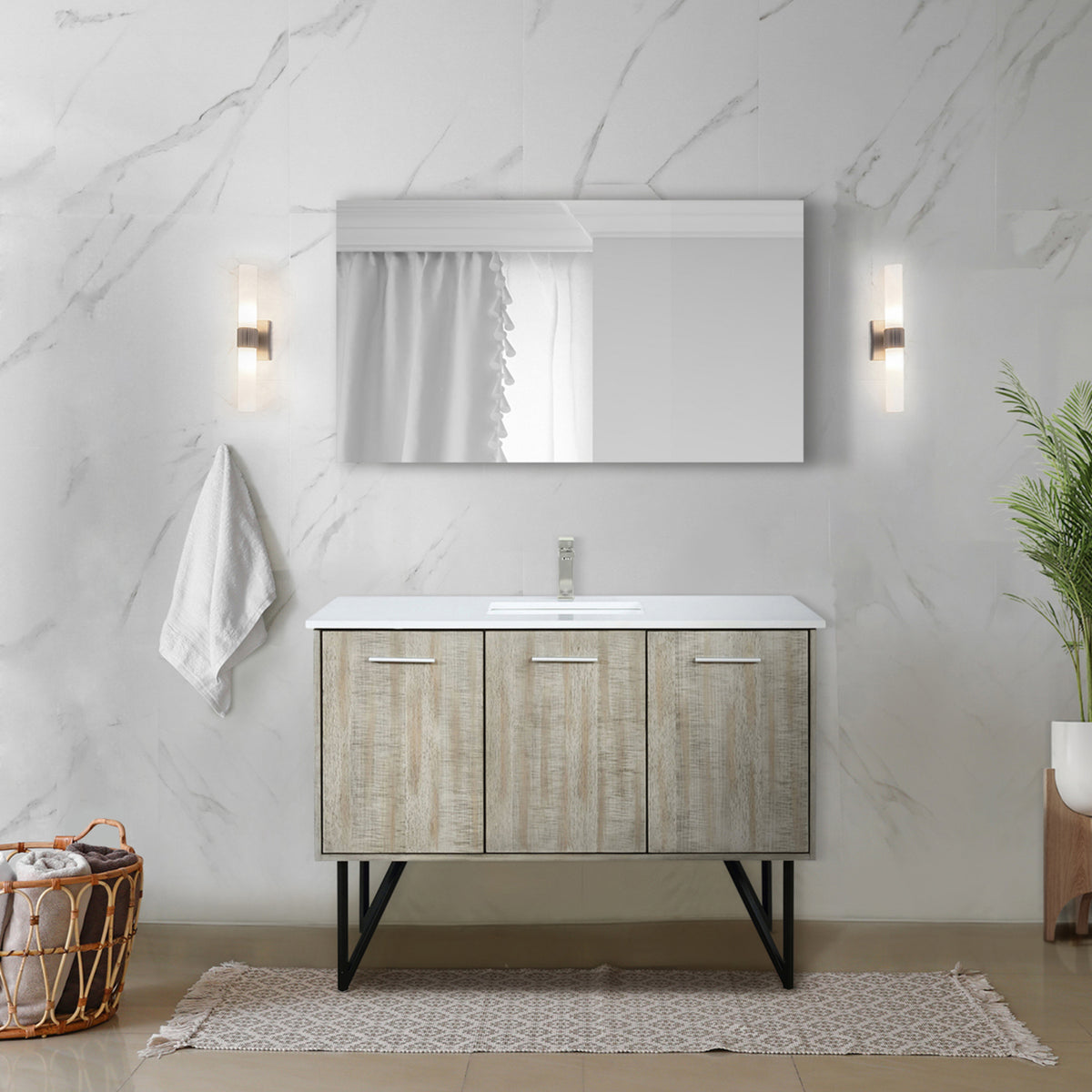 Rustic Acacia Bath Vanity 48 in. W x 20 in. D, White Quartz Top and 43 in. Mirror