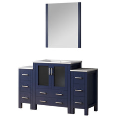 Navy Blue Single Bath Vanity 54 in. W x 18.25 in. D, with Side Cabinets, White Ceramic Top, and 28 in. Mirror