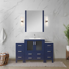 Navy Blue Single Bath Vanity 54 in. W x 18.25 in. D, with Side Cabinets, White Ceramic Top, and 28 in. Mirror
