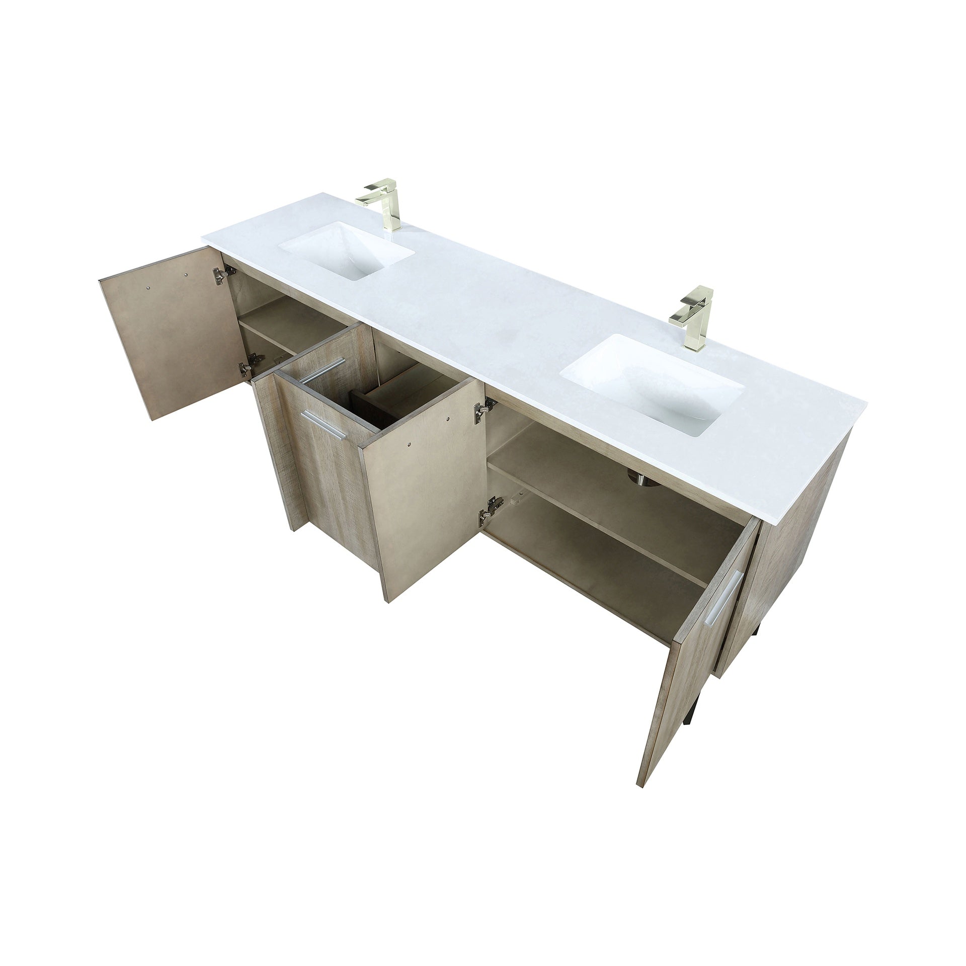 Rustic Acacia Double Bath Vanity 80 in. W x 20 in. D, White Quartz Top and Brushed Nickel Faucet Set