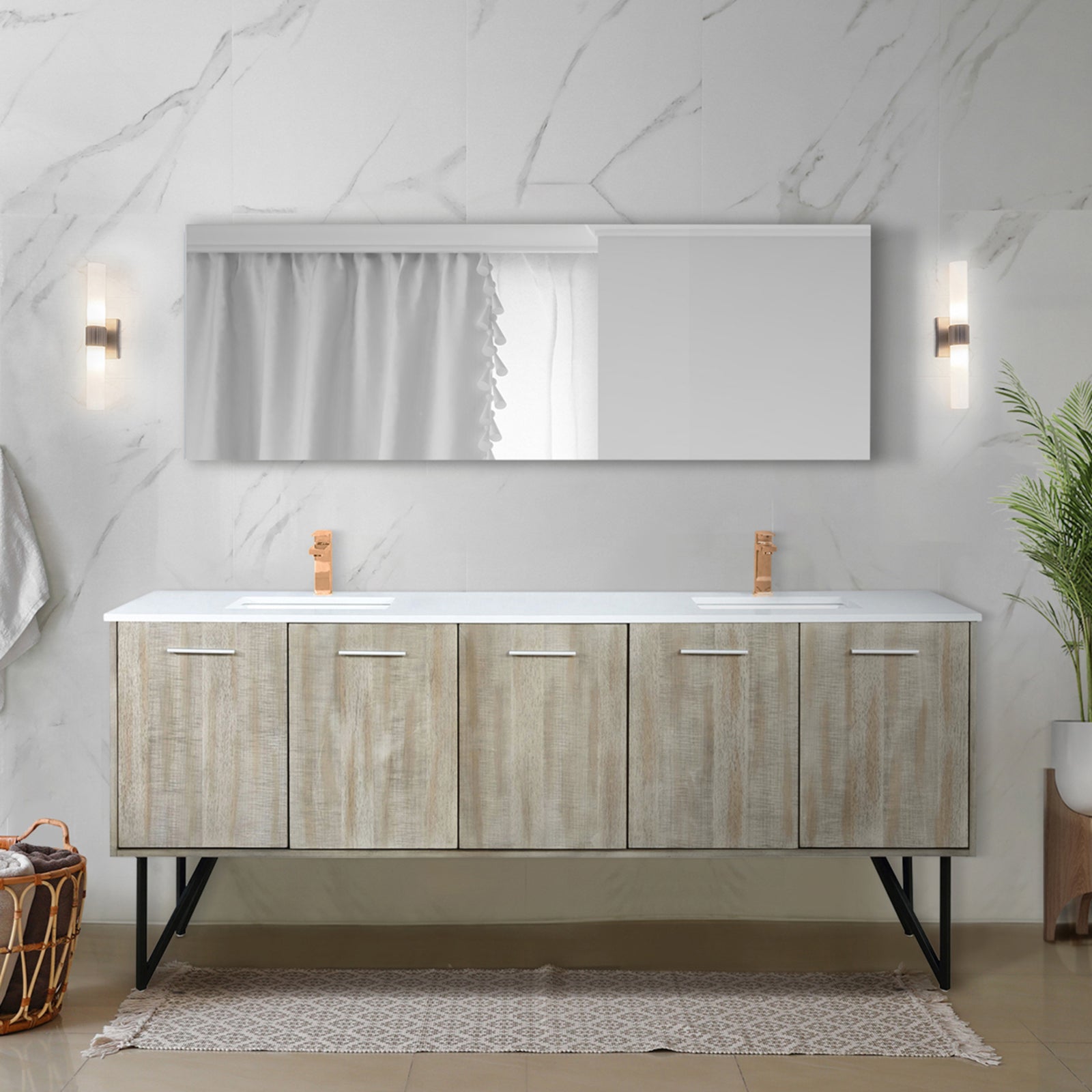 Rustic Acacia Double Bath Vanity 80 in. W x 20 in. D, Cultured Marble Top and Rose Gold Faucet Set