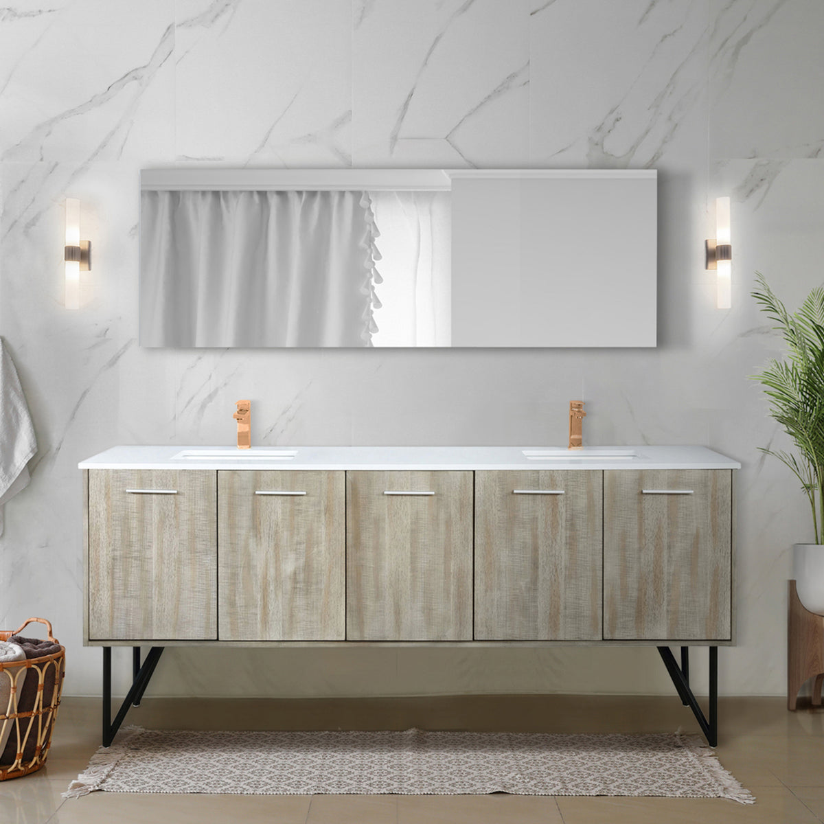 Rustic Acacia Double Bath Vanity 80 in. W x 20 in. D, Cultured Marble Top and Rose Gold Faucet Set