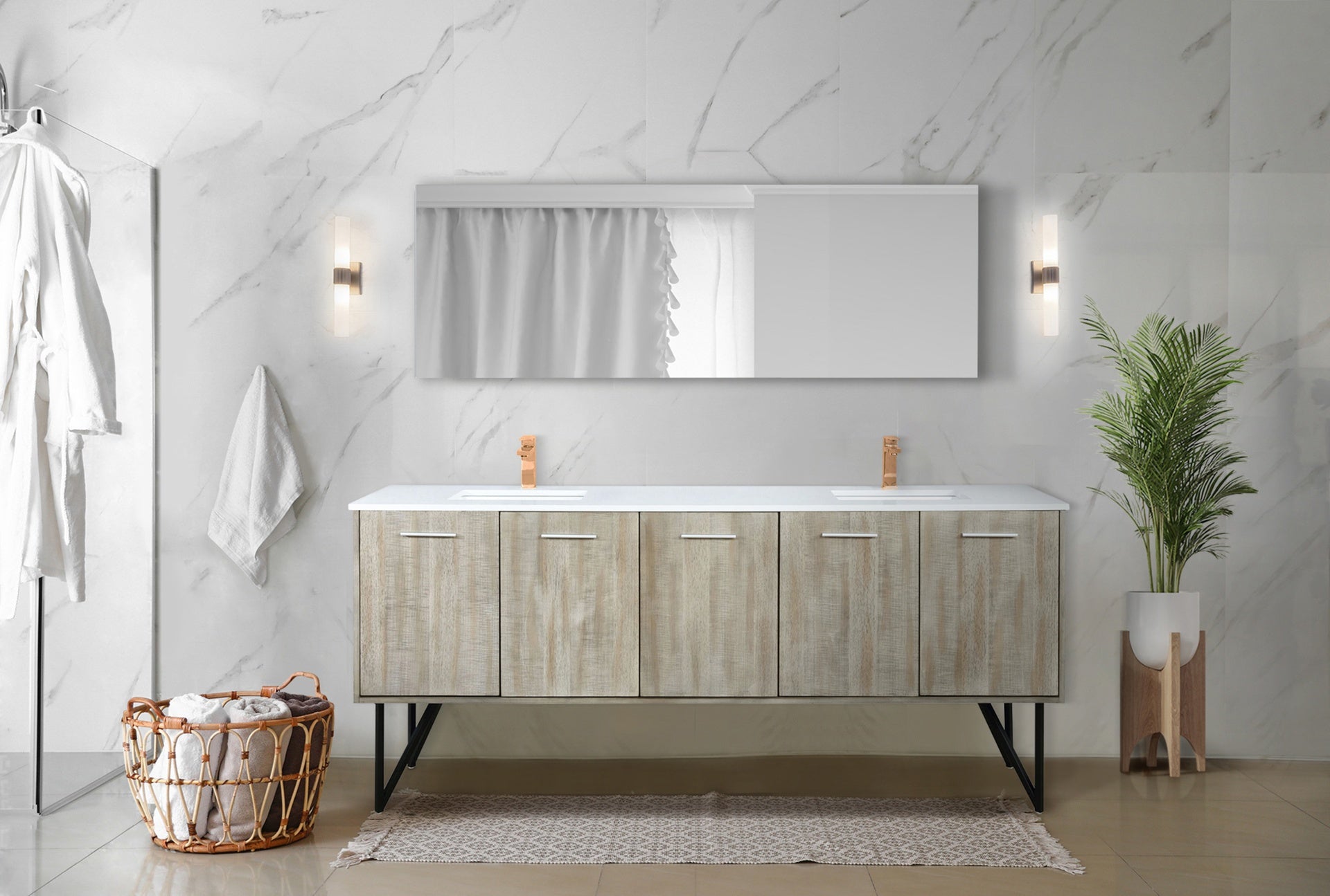 Rustic Acacia Double Bath Vanity 80 in. W x 20 in. D, Cultured Marble Top and Rose Gold Faucet Set