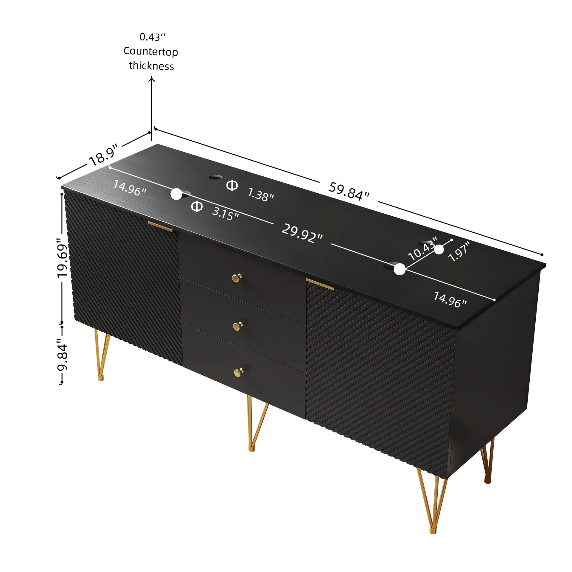 GEMA 60" Freestanding Black Plywood Cabinet with 3 Drawers and 2 Doors, Black Sintered Stone Top, NO Basin, NO Faucet and Sink Cover