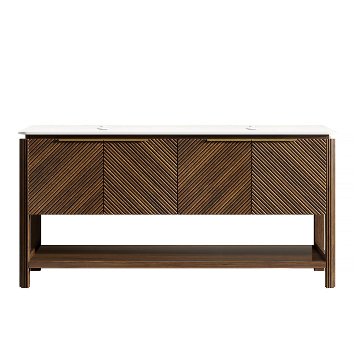 INDIGO 60'' Freestanding Cabinet with 4 Doors&Open Shelf, Carrara White Sintered Stone Top, NO Basin, NO Faucet and Drain, Dark Walnut Woodgrain