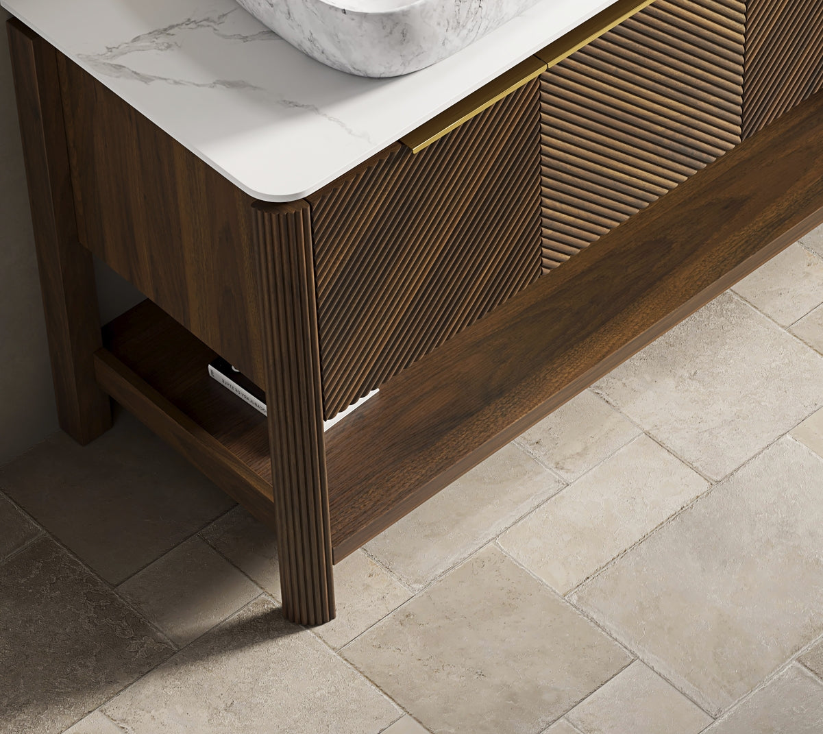 INDIGO 60'' Freestanding Cabinet with 4 Doors&Open Shelf, Carrara White Sintered Stone Top, NO Basin, NO Faucet and Drain, Dark Walnut Woodgrain