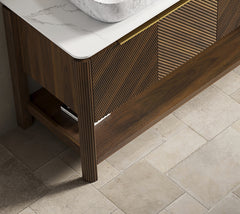 INDIGO 60'' Freestanding Cabinet with 4 Doors&Open Shelf, Carrara White Sintered Stone Top, NO Basin, NO Faucet and Drain, Dark Walnut Woodgrain