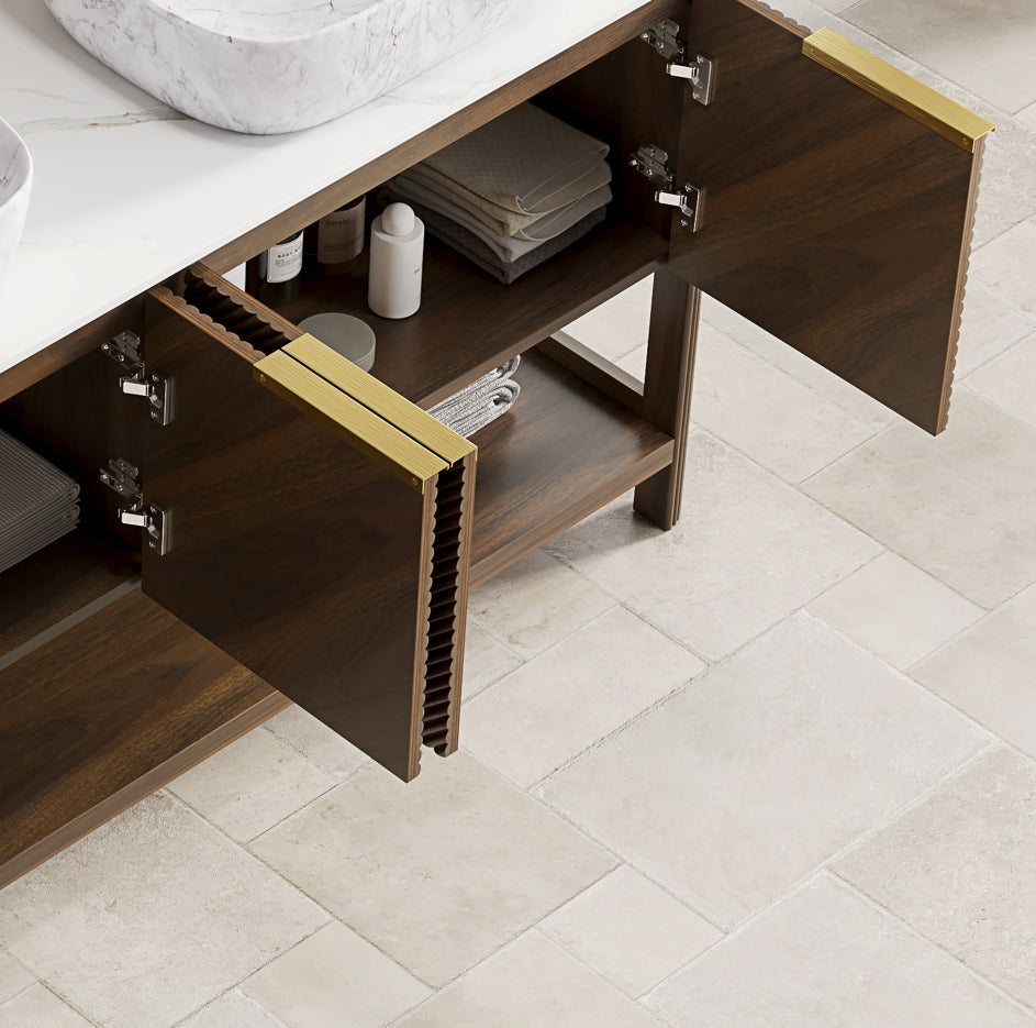 INDIGO 60'' Freestanding Cabinet with 4 Doors&Open Shelf, Carrara White Sintered Stone Top, NO Basin, NO Faucet and Drain, Dark Walnut Woodgrain
