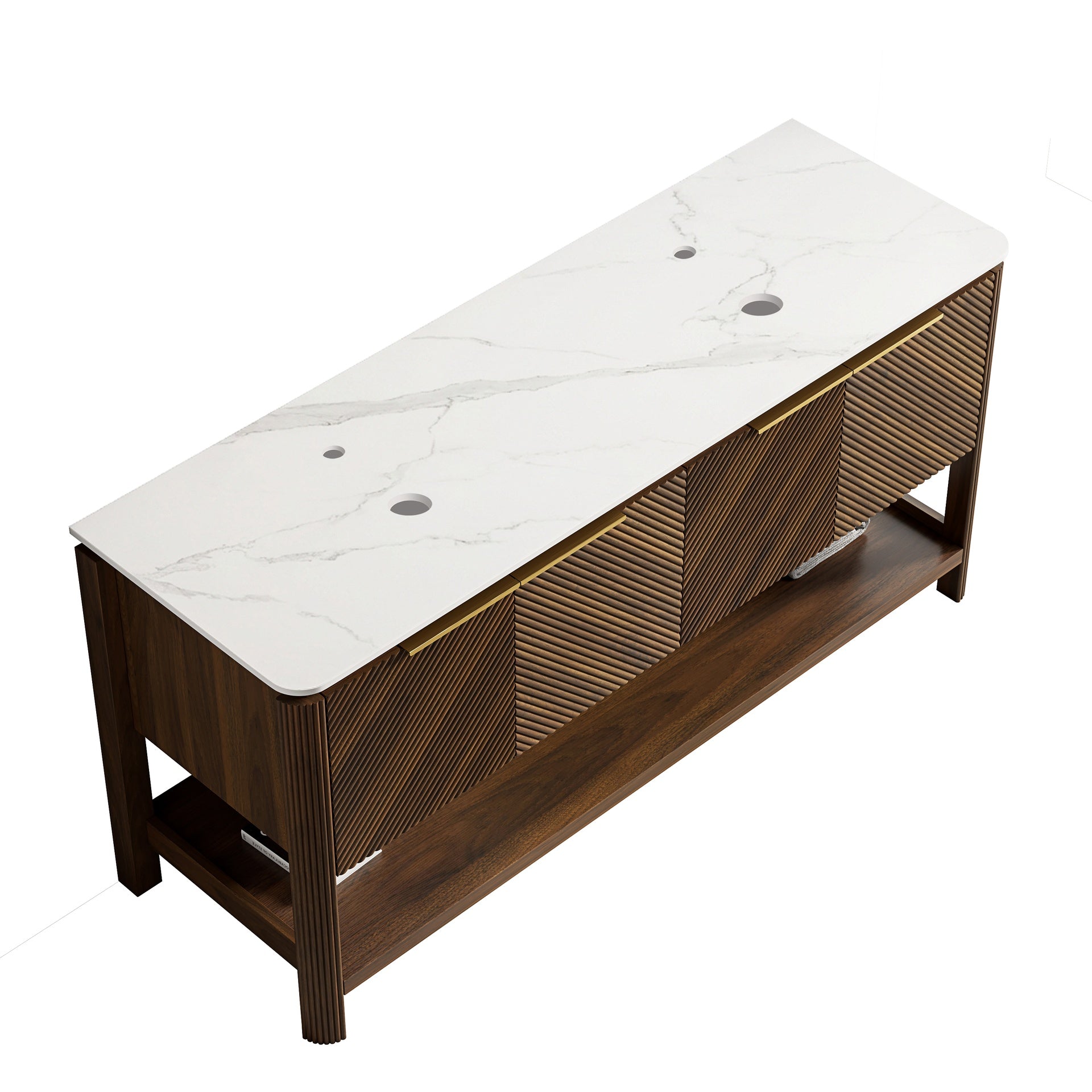 INDIGO 60'' Freestanding Cabinet with 4 Doors&Open Shelf, Carrara White Sintered Stone Top, NO Basin, NO Faucet and Drain, Dark Walnut Woodgrain