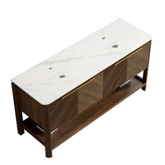 INDIGO 60'' Freestanding Cabinet with 4 Doors&Open Shelf, Carrara White Sintered Stone Top, NO Basin, NO Faucet and Drain, Dark Walnut Woodgrain