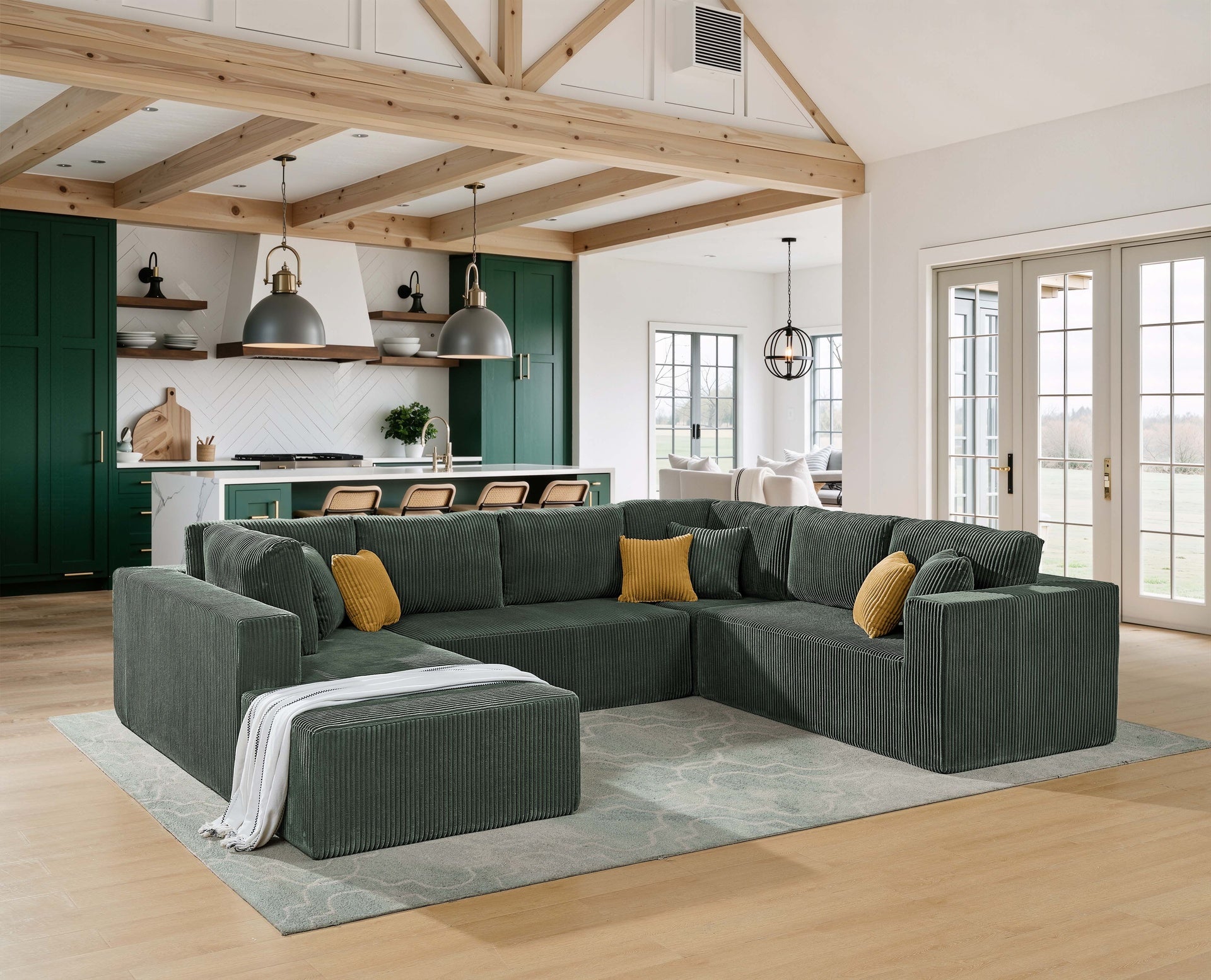 Full Compressed Corduroy Upholstered U-Shape Sectional with Moveable Ottoman - No Assembly Needed