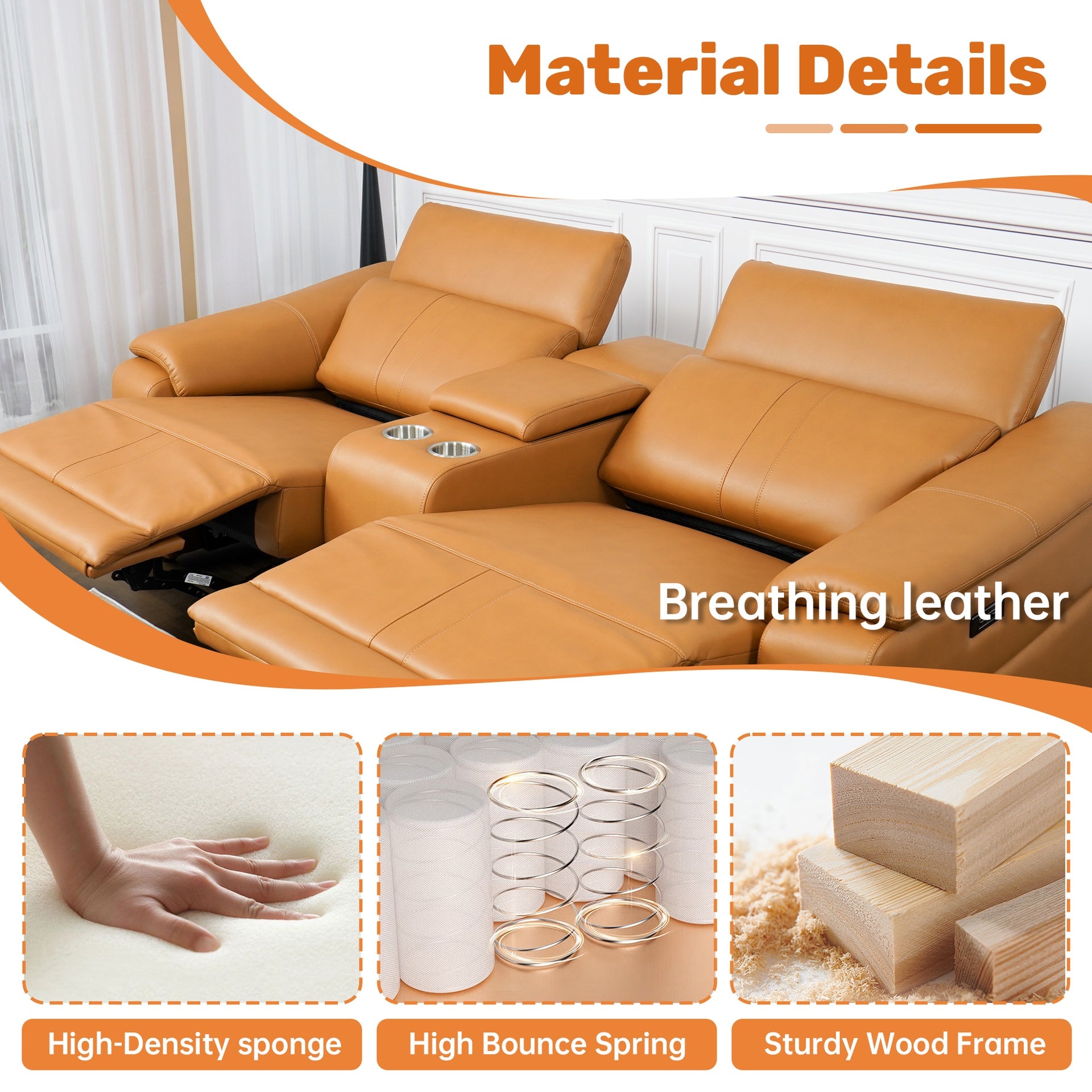 Power Recliner Sofa Set, Reclining Sectional Sofa with Adjustable Headrest & Power Recline, Breathable Leather with Storage Console & USB Ports, Easy Assembly Living Room Furniture Sets