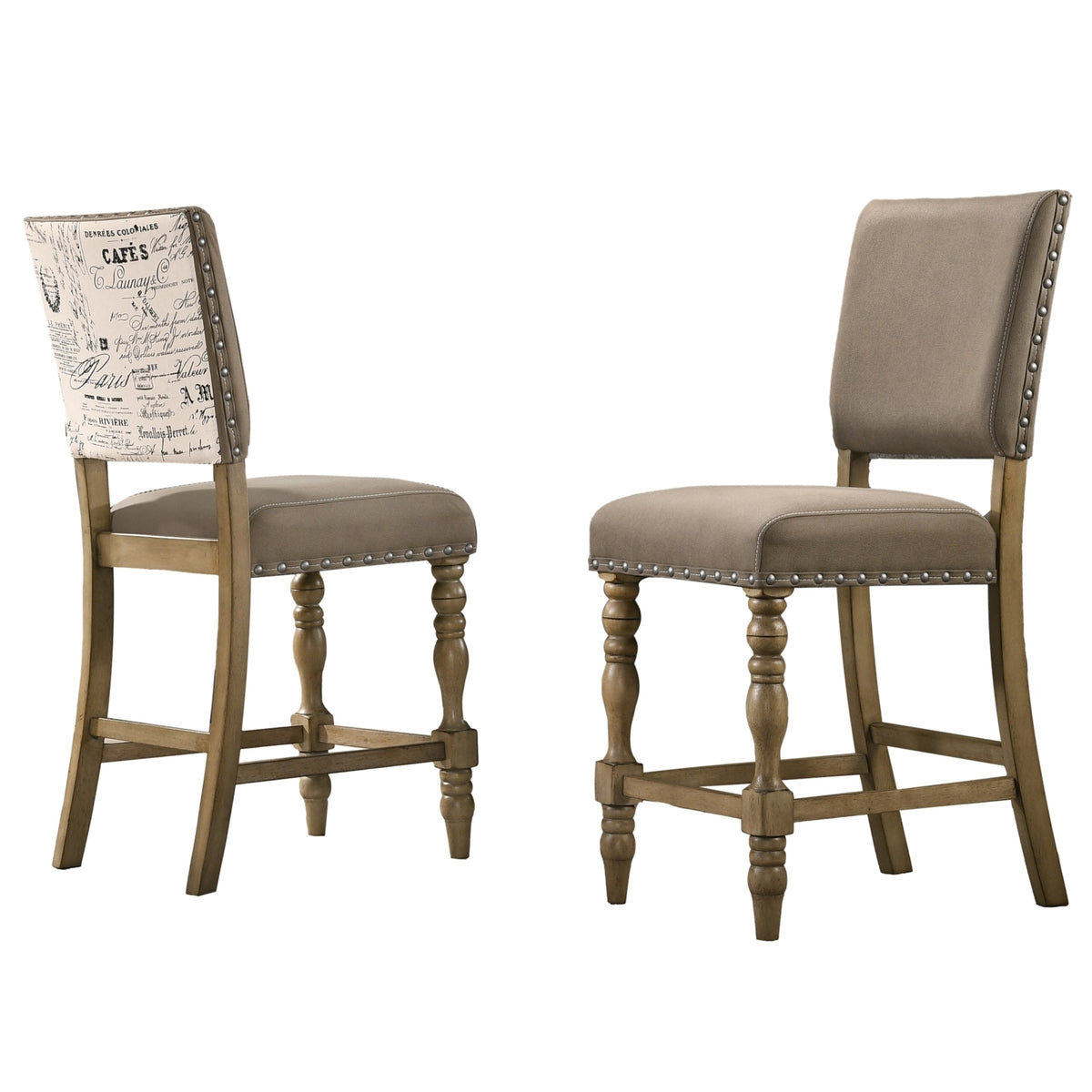 Birmingham Script Printed Driftwood Finish Counter Height Dining Chair with Nail head, Set of 2
