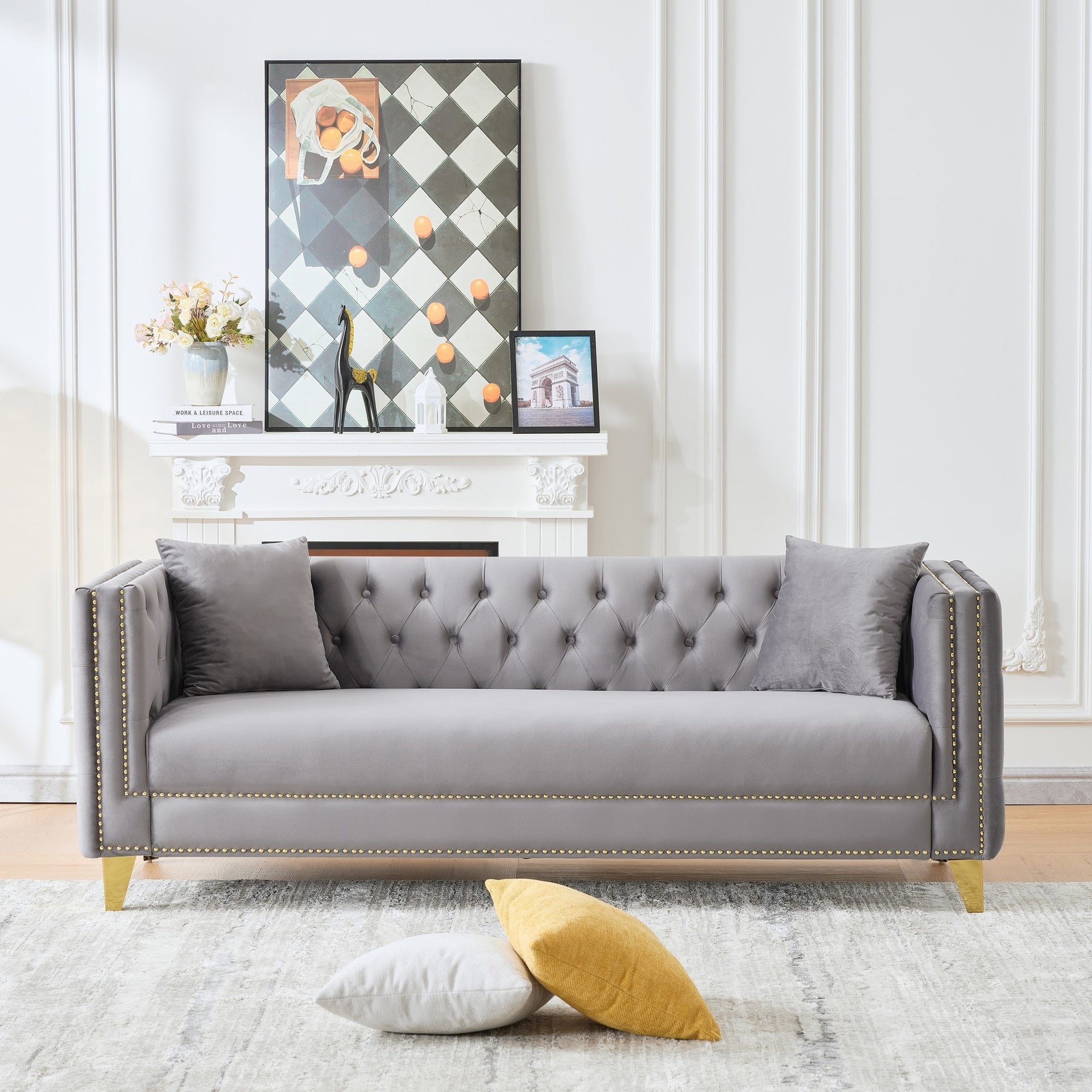 Chesterfield Velvet Sofa,3+3 Seater Deep Seat Sofa,Modern Sofa with Button Nailhead,Square Arm Couches,Furniture for Living Room,Bedroom,Office(Grey)