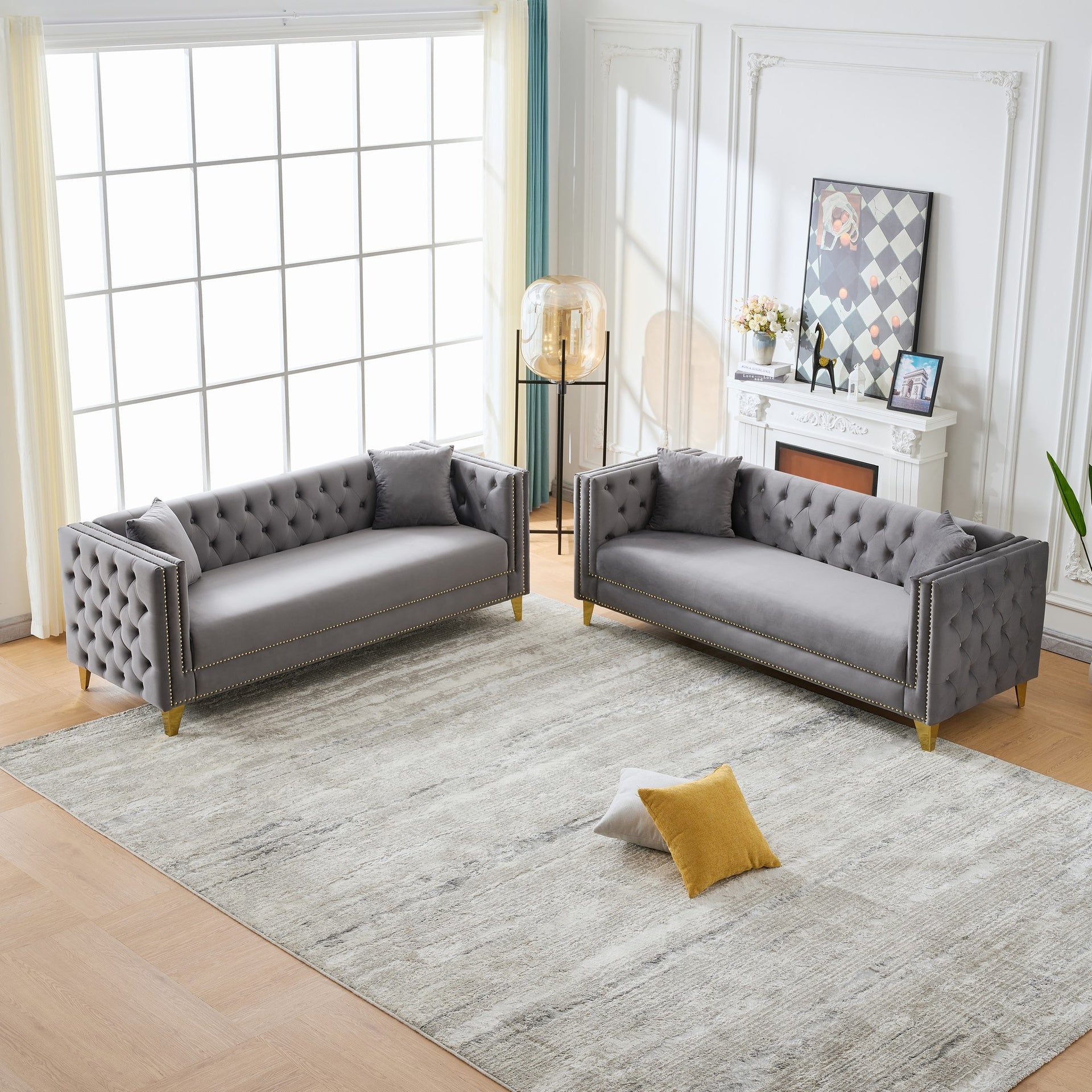 Chesterfield Velvet Sofa,3+3 Seater Deep Seat Sofa,Modern Sofa with Button Nailhead,Square Arm Couches,Furniture for Living Room,Bedroom,Office(Grey)