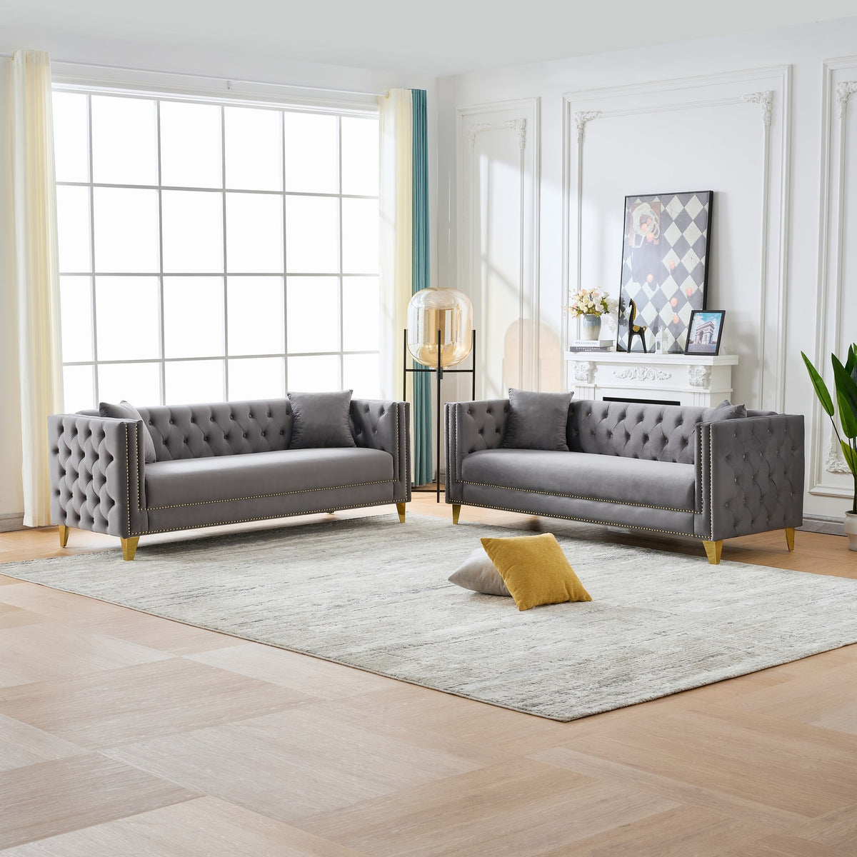 Chesterfield Velvet Sofa,3+3 Seater Deep Seat Sofa,Modern Sofa with Button Nailhead,Square Arm Couches,Furniture for Living Room,Bedroom,Office(Grey)