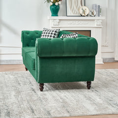 67"Chesterfield ‌velvet upholstery fabric Sofa with Roll Armrest & Nailhead,Upholstered Mid Century Modern Couch,2 Seater Couch for Living Room, Office, Apartment, Green