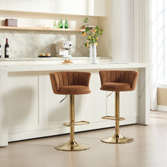 Set of 2  Bar Stools,with Chrome Footrest and Base Swivel Height Adjustable Mechanical Lifting Velvet + Golden Leg Simple Bar Stool-Orange