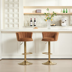 Set of 2  Bar Stools,with Chrome Footrest and Base Swivel Height Adjustable Mechanical Lifting Velvet + Golden Leg Simple Bar Stool-Orange