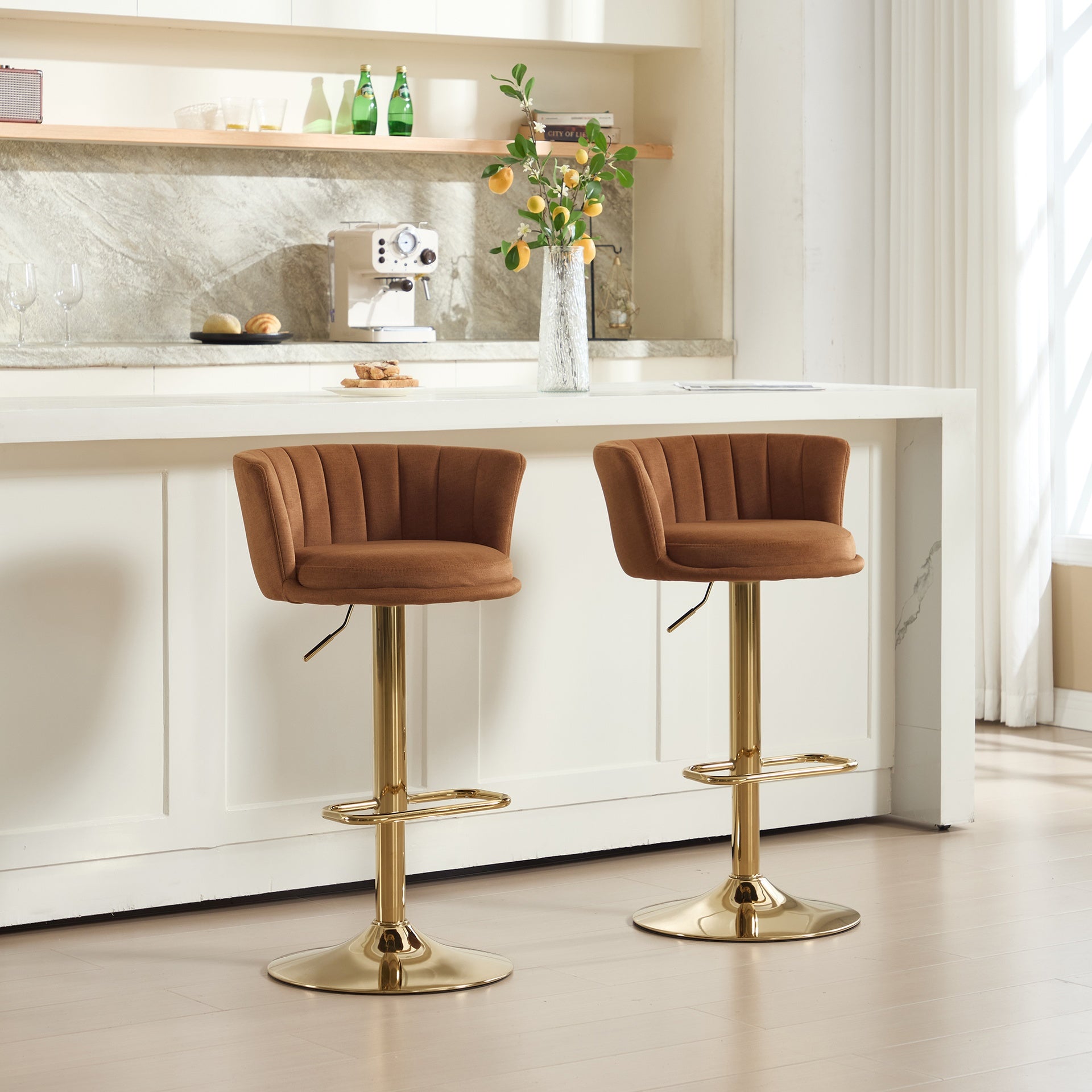 Set of 2  Bar Stools,with Chrome Footrest and Base Swivel Height Adjustable Mechanical Lifting Velvet + Golden Leg Simple Bar Stool-Orange