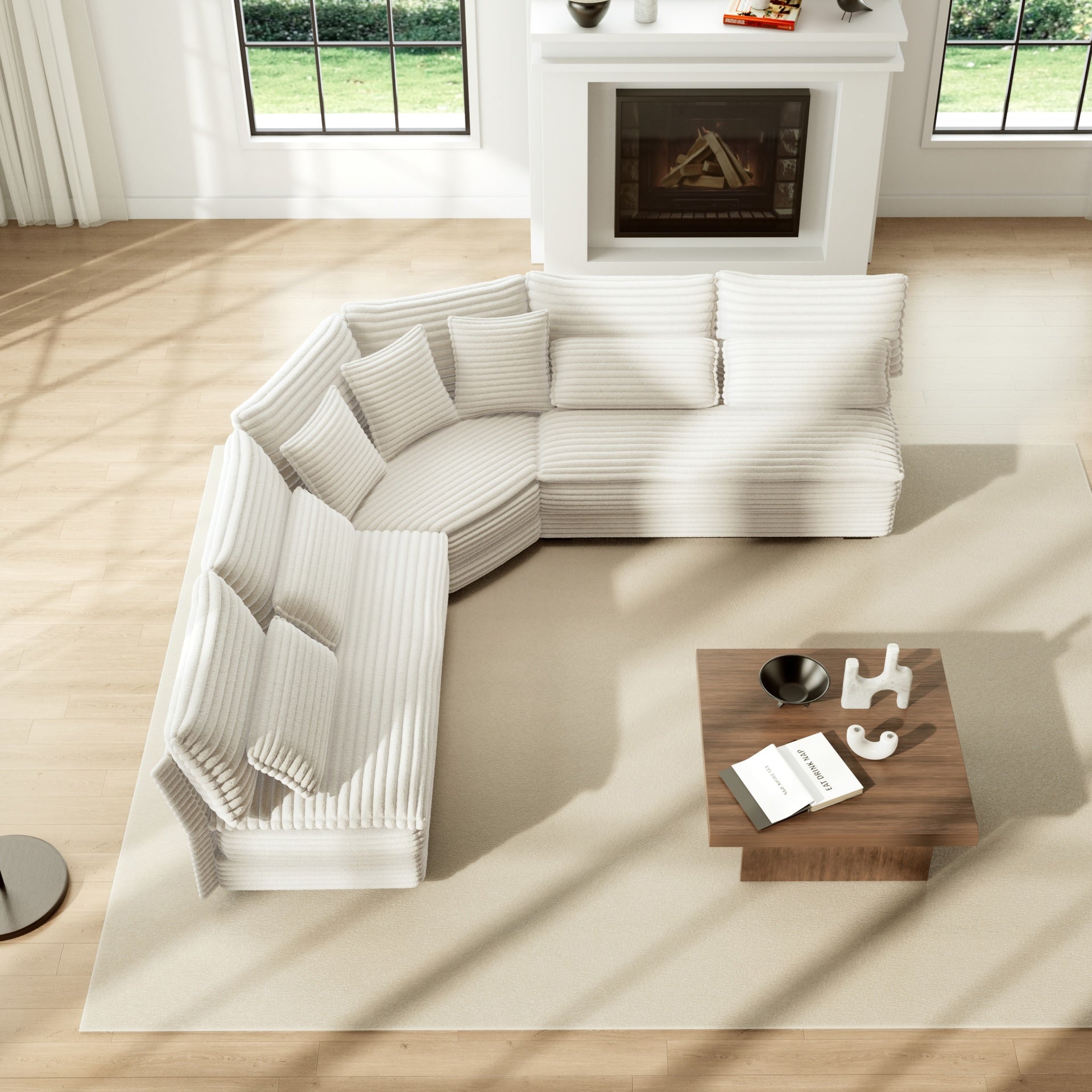 5-Seater L-Shaped Sectional Sofa with Curved Corner – Plush Corduroy Fabric, 7 Pillows (3 Throw + 4 Lumbar), Modern Living Room Furniture