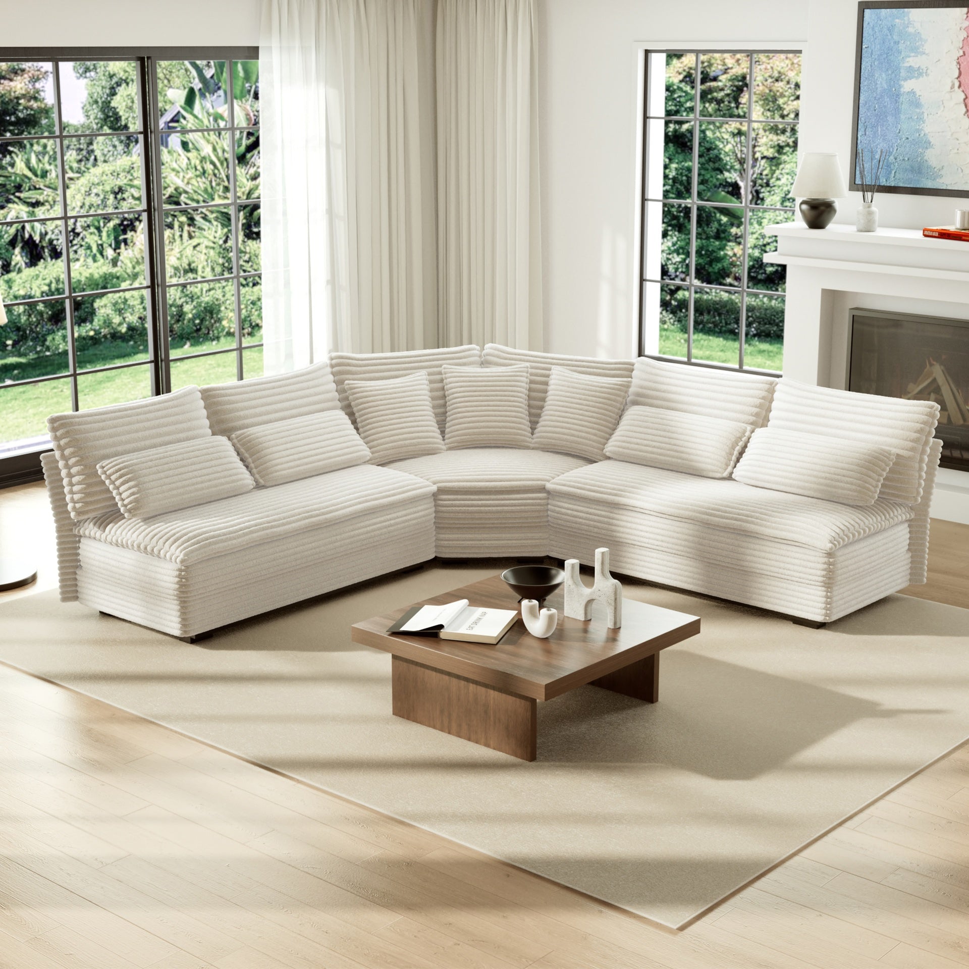 5-Seater L-Shaped Sectional Sofa with Curved Corner – Plush Corduroy Fabric, 7 Pillows (3 Throw + 4 Lumbar), Modern Living Room Furniture