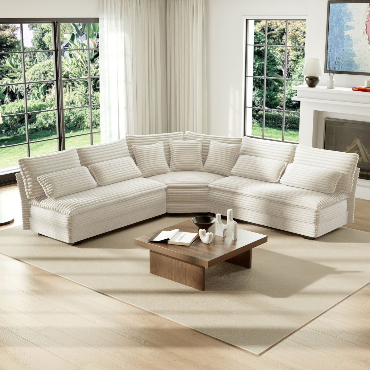 5-Seater L-Shaped Sectional Sofa with Curved Corner – Plush Corduroy Fabric, 7 Pillows (3 Throw + 4 Lumbar), Modern Living Room Furniture