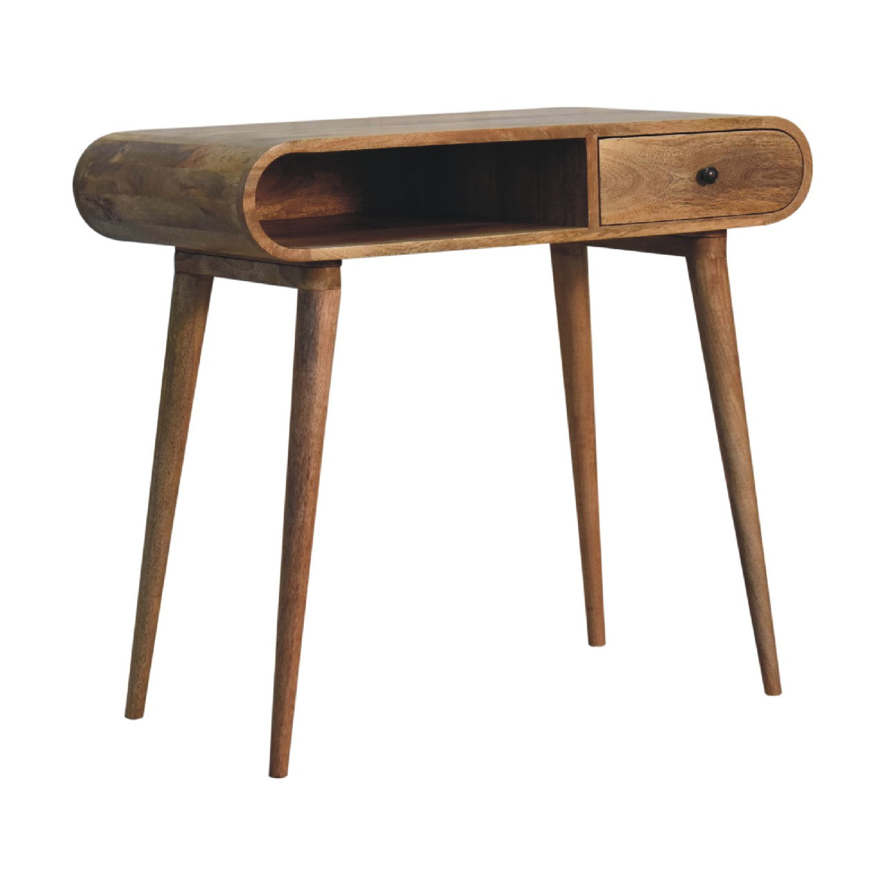 Solid Wood Curved Writing Desk, 1- Drawer, 1 Open Slot, Chestnut, Brown