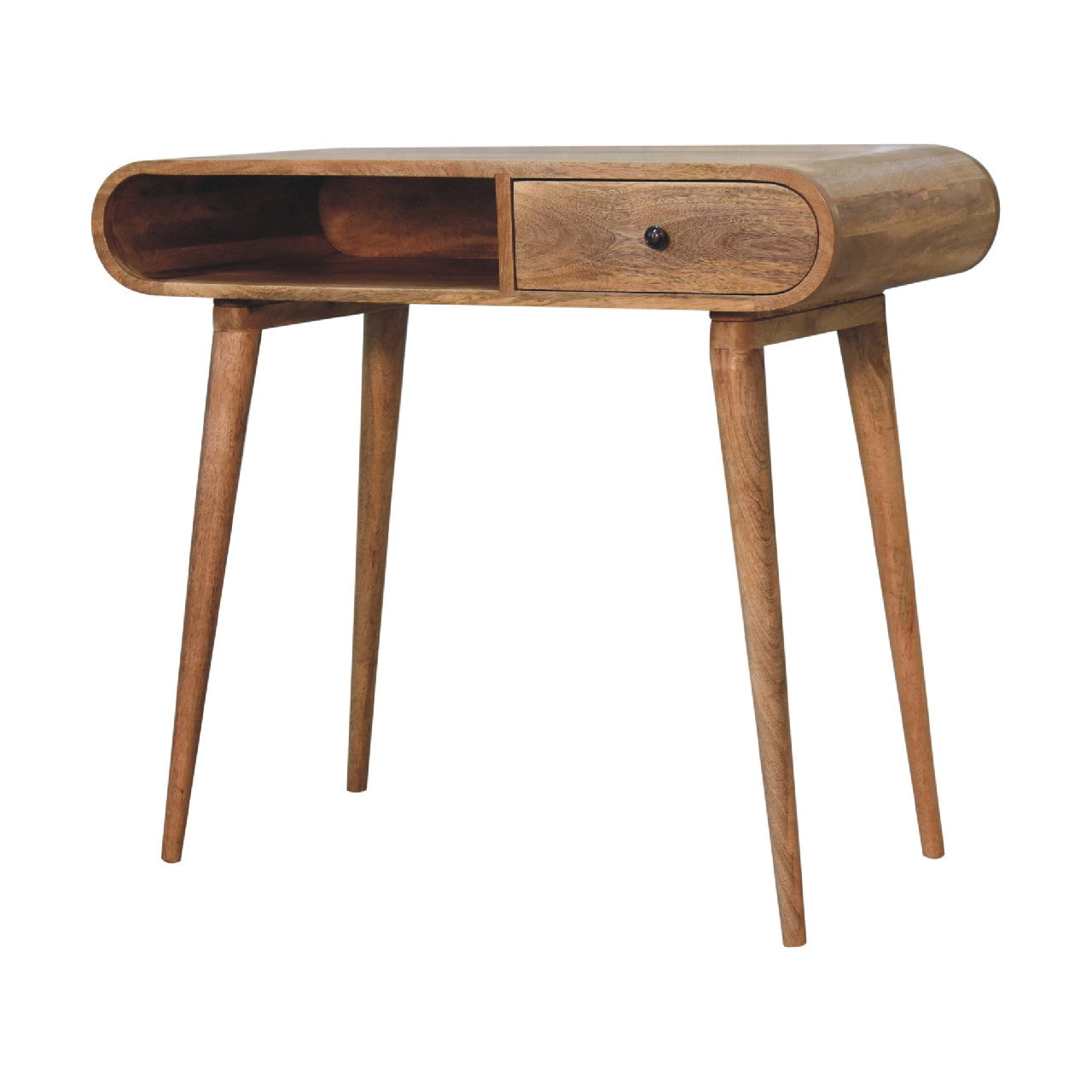 Solid Wood Curved Writing Desk, 1- Drawer, 1 Open Slot, Chestnut, Brown