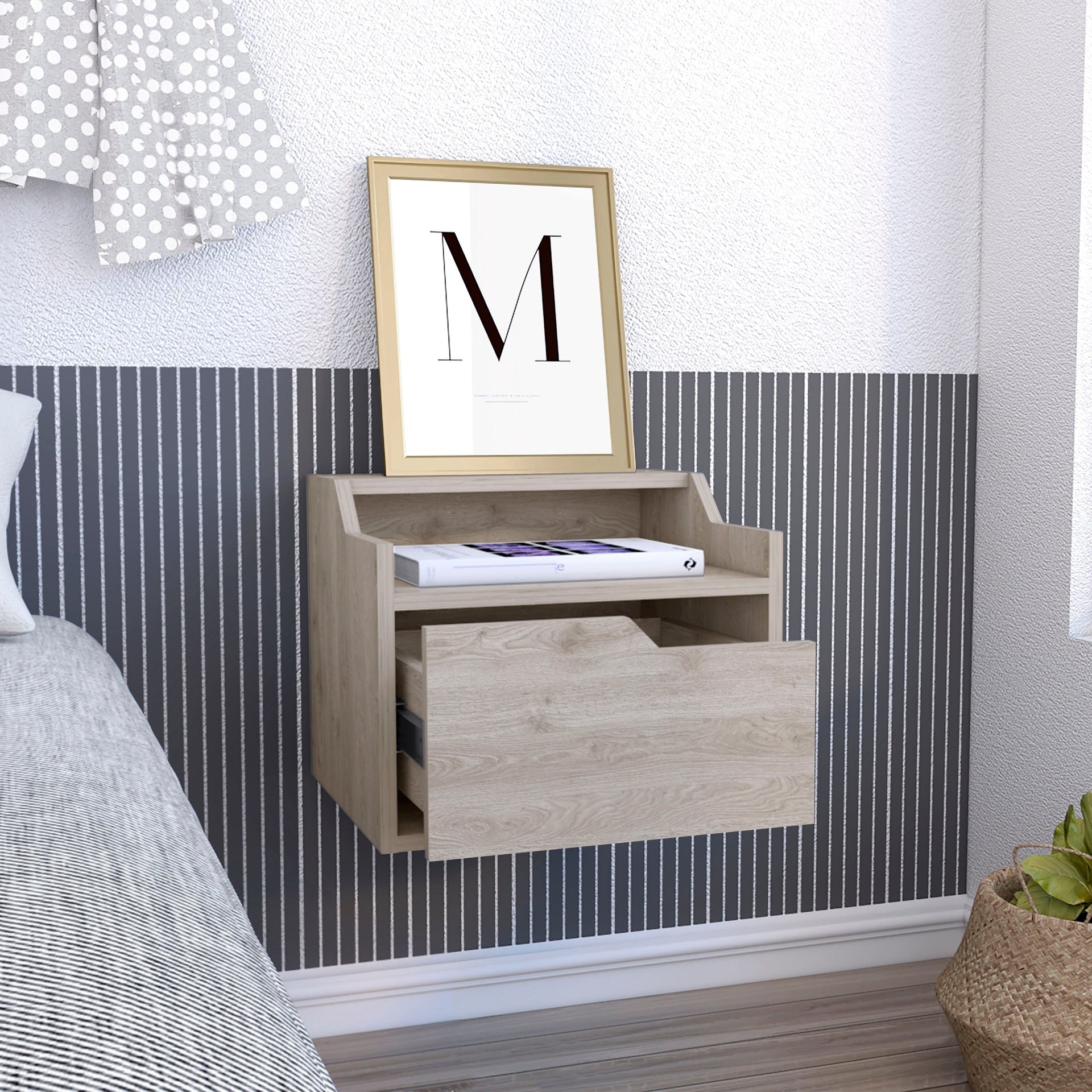 Busan Modern Floating Nightstand , End Table, Side Table Single-Drawer Design with Sleek Two-Tiered Top Shelf Surfaces- Light Grey - Bedroom