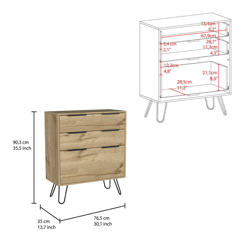 Augusta Dresser, Hairpin Legs, Three Drawers, Superior Top -Light Oak