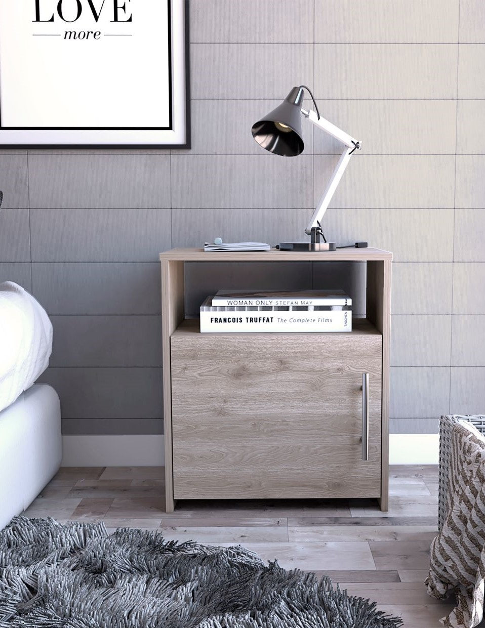 Nordico Nightstand , End Table, Side Table One Shelf, Single Door Cabinet, Metal Handle -Light Gray