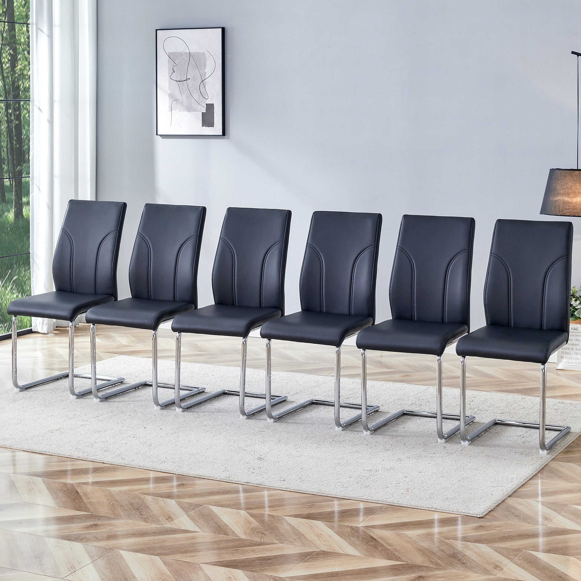 6 Dining Chair Set, Black Dining Chair Set, PU Material High Back Seat and Sturdy Leg Chair, Suitable for Dining Room, Kitchen, Living Room