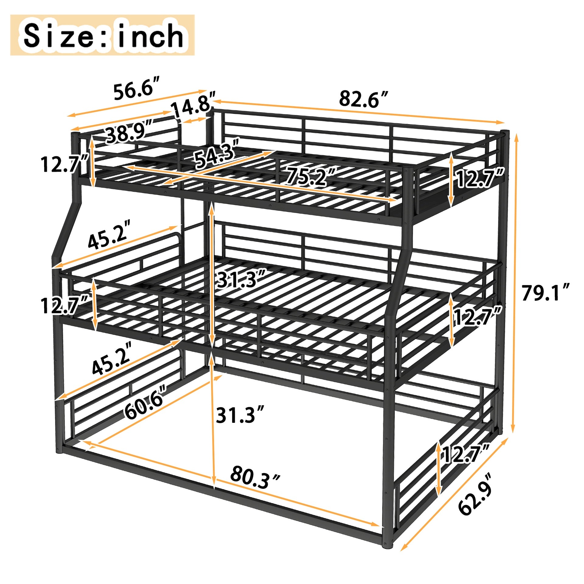 Full XL over Queen over Queen Bunk Bed, Metal Triple Bunk Bed with Safety Guardrails, Heavy-duty Bunk Bed with Noise-reduced Design, Black