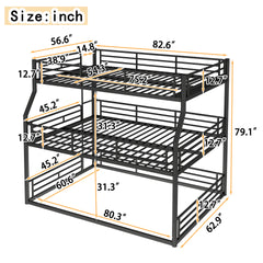 Full XL over Queen over Queen Bunk Bed, Metal Triple Bunk Bed with Safety Guardrails, Heavy-duty Bunk Bed with Noise-reduced Design, Black