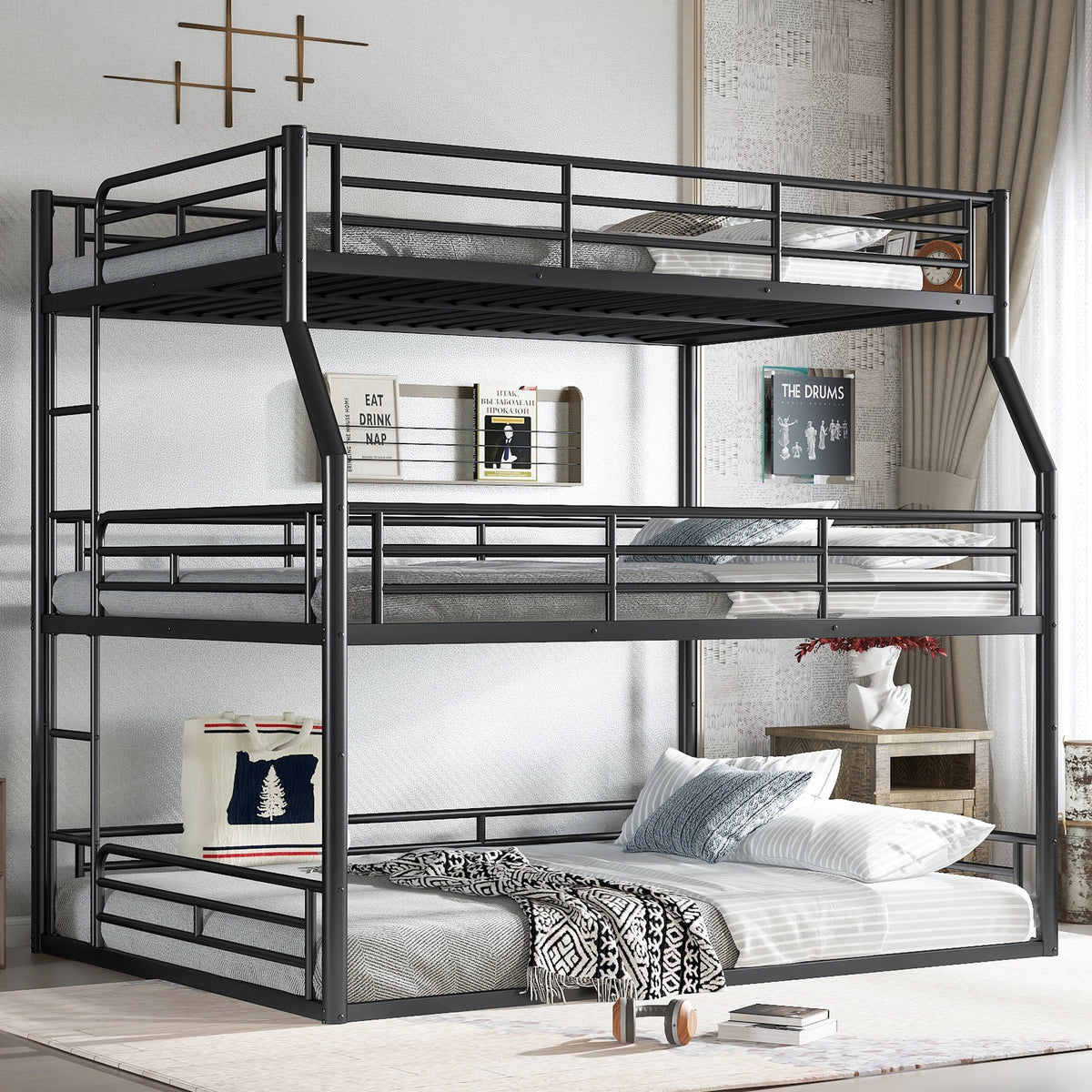 Full XL over Queen over Queen Bunk Bed, Metal Triple Bunk Bed with Safety Guardrails, Heavy-duty Bunk Bed with Noise-reduced Design, Black
