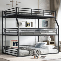Full XL over Queen over Queen Bunk Bed, Metal Triple Bunk Bed with Safety Guardrails, Heavy-duty Bunk Bed with Noise-reduced Design, Black