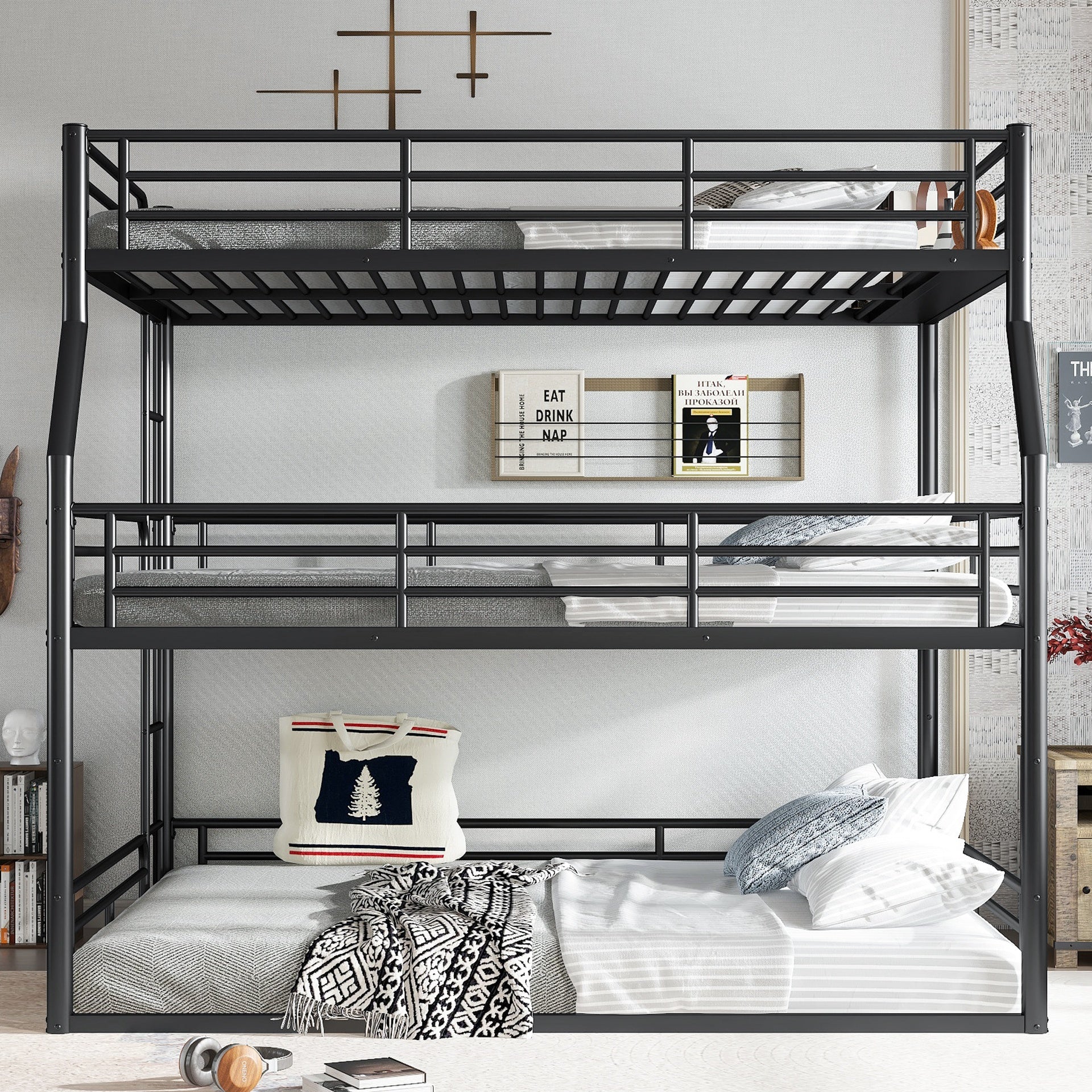 Full XL over Queen over Queen Bunk Bed, Metal Triple Bunk Bed with Safety Guardrails, Heavy-duty Bunk Bed with Noise-reduced Design, Black