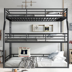 Full XL over Queen over Queen Bunk Bed, Metal Triple Bunk Bed with Safety Guardrails, Heavy-duty Bunk Bed with Noise-reduced Design, Black