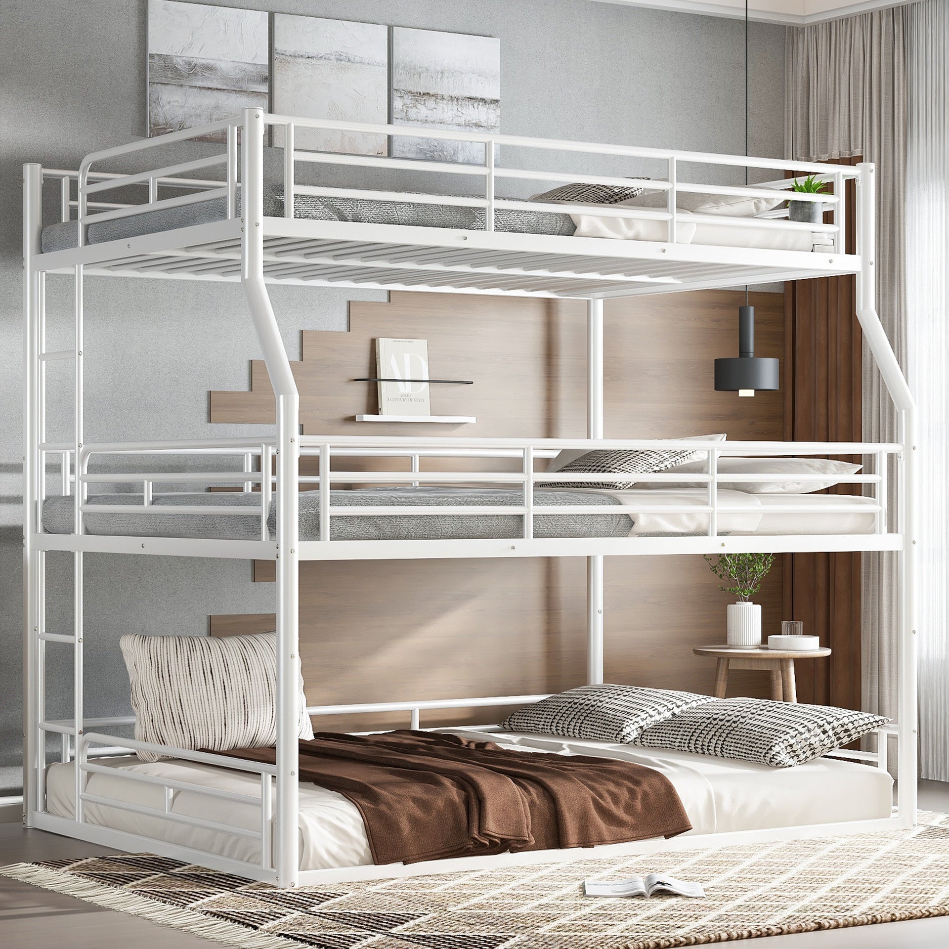 Full XL over Queen over Queen Bunk Bed, Metal Triple Bunk Bed with Safety Guardrails, Heavy-duty Bunk Bed with Noise-reduced Design, White