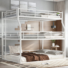 Full XL over Queen over Queen Bunk Bed, Metal Triple Bunk Bed with Safety Guardrails, Heavy-duty Bunk Bed with Noise-reduced Design, White