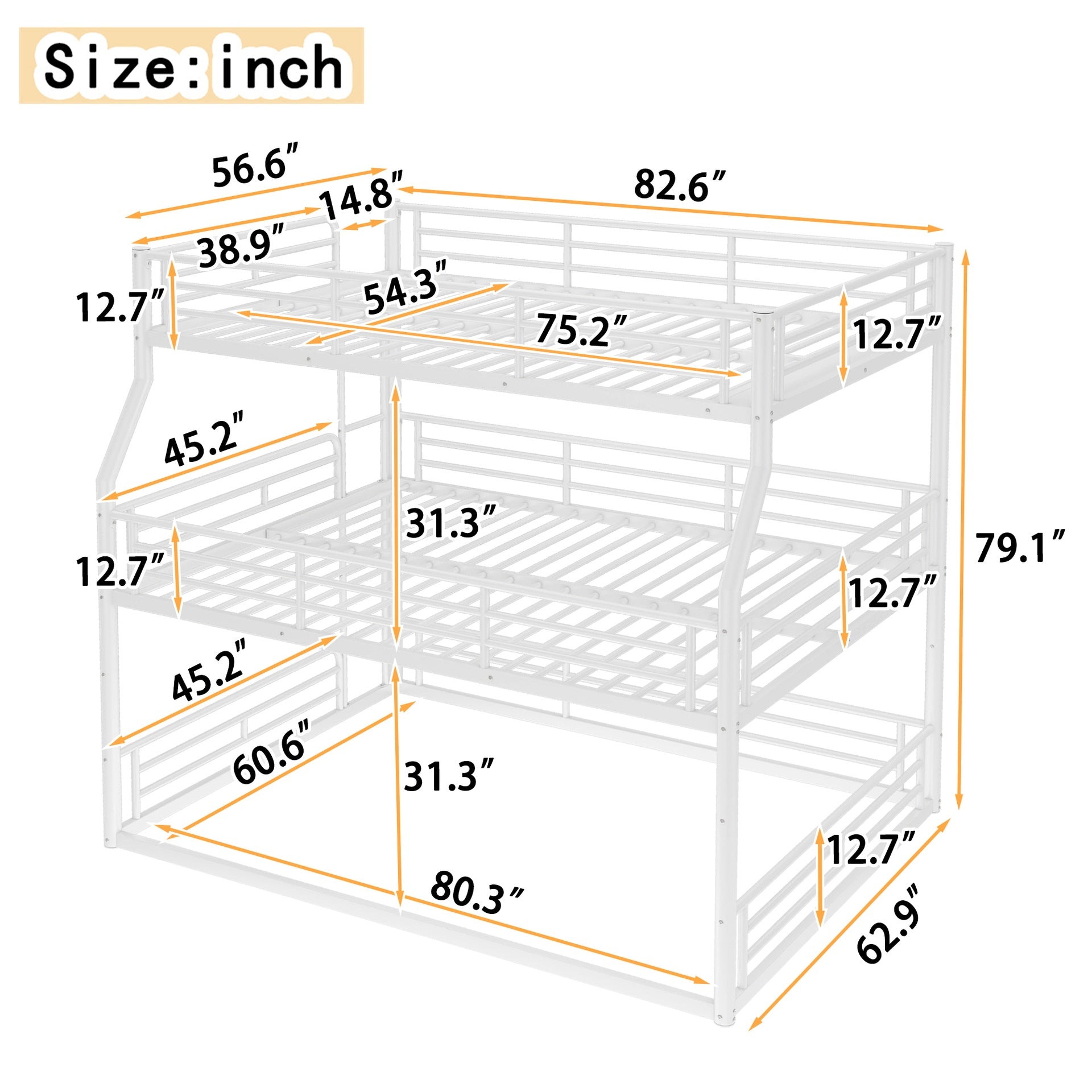 Full XL over Queen over Queen Bunk Bed, Metal Triple Bunk Bed with Safety Guardrails, Heavy-duty Bunk Bed with Noise-reduced Design, White