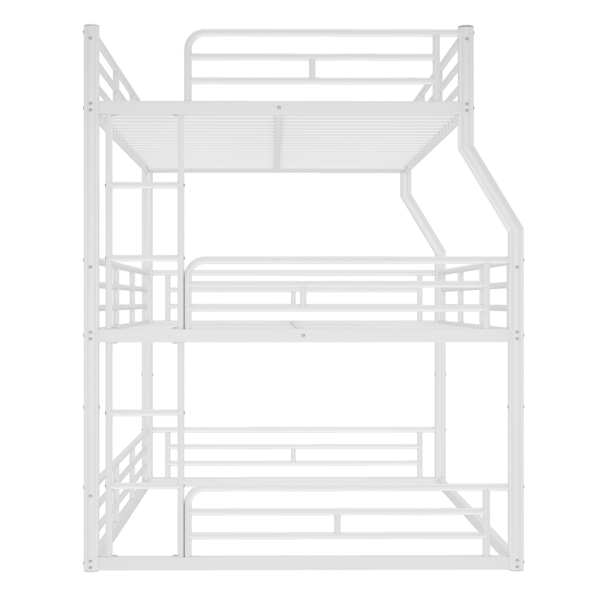 Full XL over Queen over Queen Bunk Bed, Metal Triple Bunk Bed with Safety Guardrails, Heavy-duty Bunk Bed with Noise-reduced Design, White