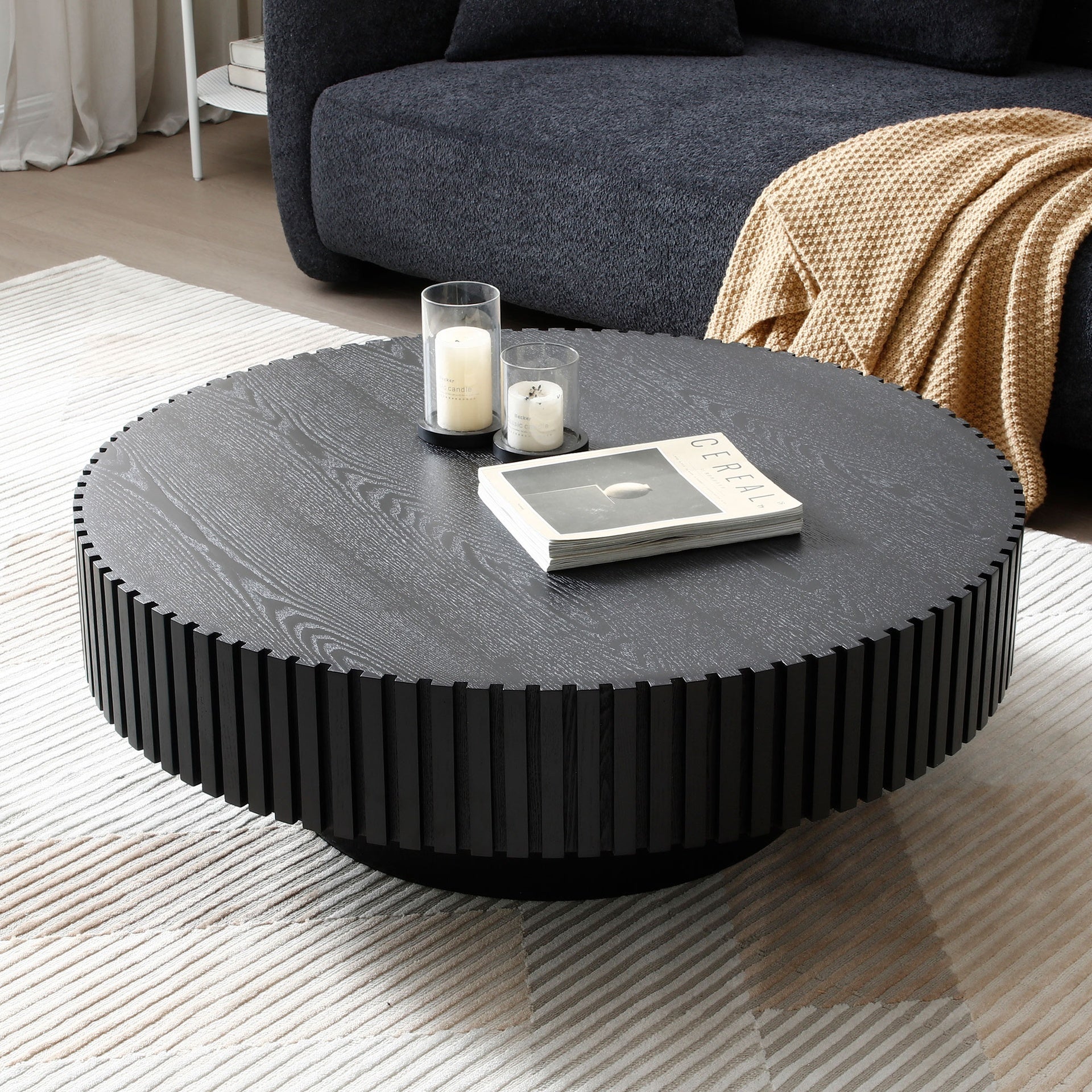 BLACK MDF coffee table 39.37inch Modern Handcraft Drum Coffee Table Round Wood Coffee Table for Living Room, Apartment(Same Sku:W876P252816)
