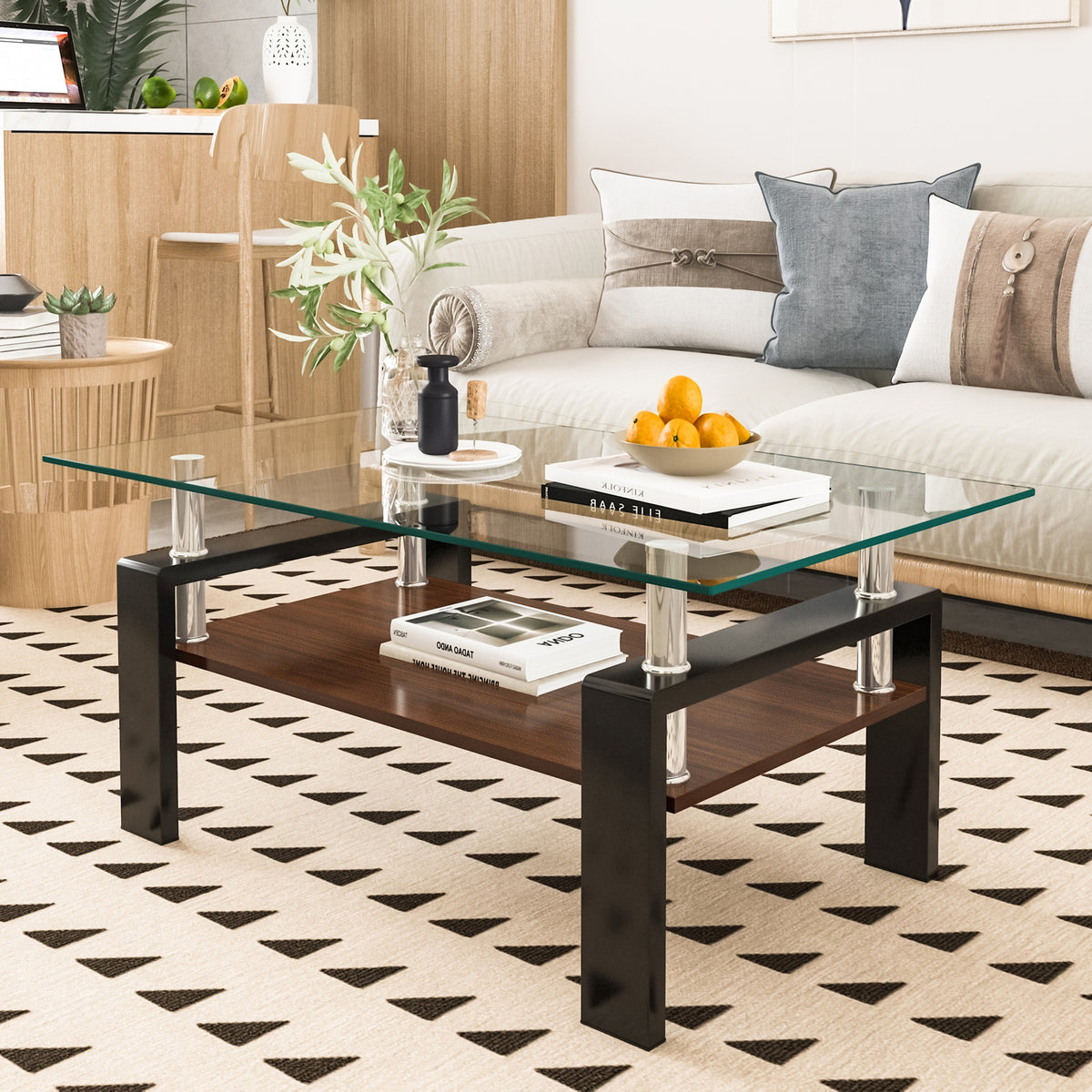 Rectangle Coffee Table, Tempered Glass Tabletop with MDF Layer, Modern Table for Living Room , Transparent Glass