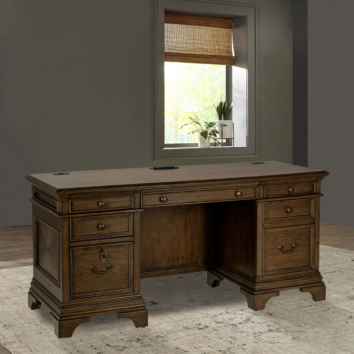 Stigham Burnish Oak 5-Drawer Credenza Office Desk